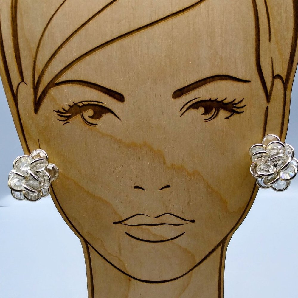 Vintage Bezel Set Crystal Cluster Earrings, Silver Tone Clip on with Maximum